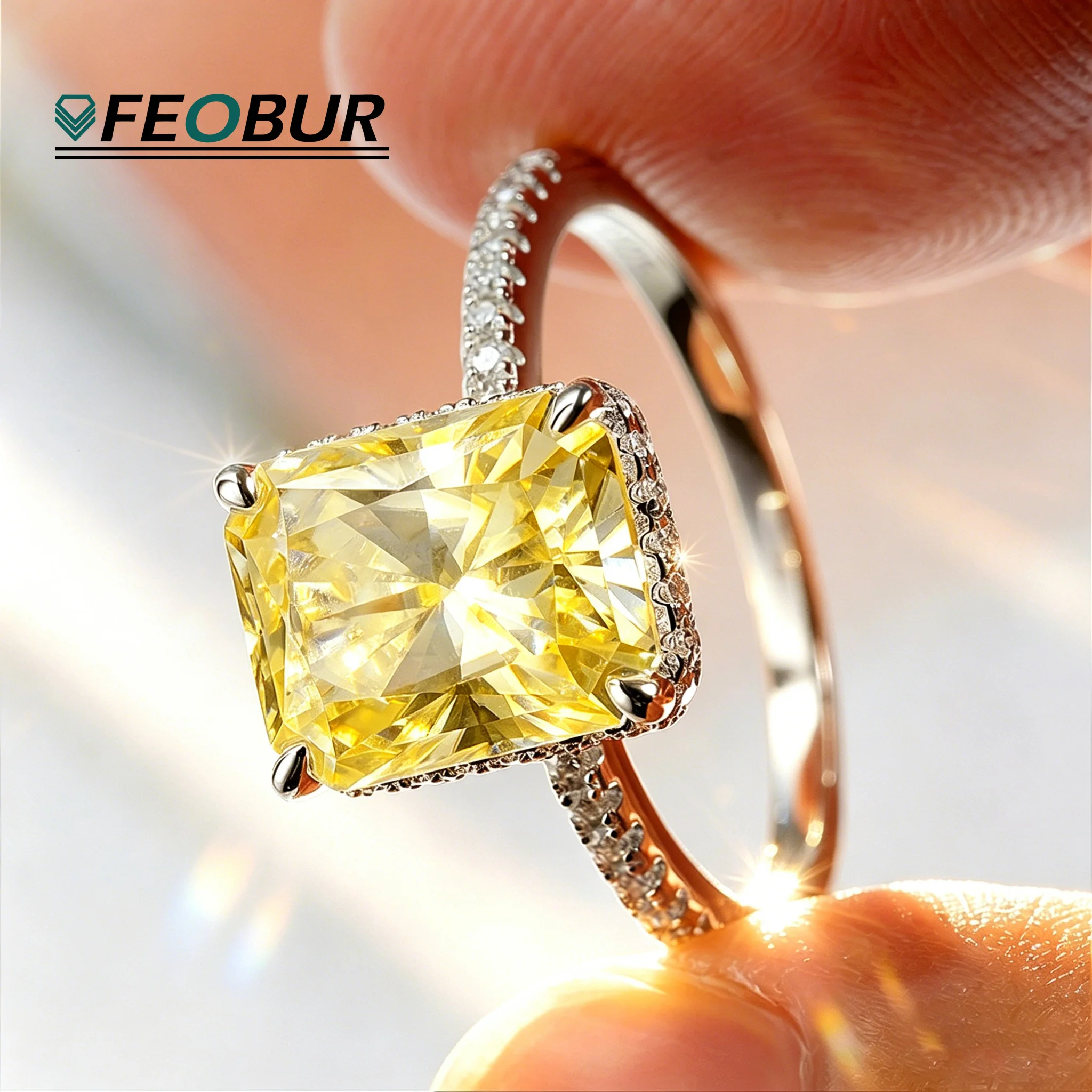 

8*10MM 4CT Radiant Cut Moissanite Rings for Women Yellow Gemstone Wedding Engagement Ring 925 Sterling Silver Fine Jewelry
