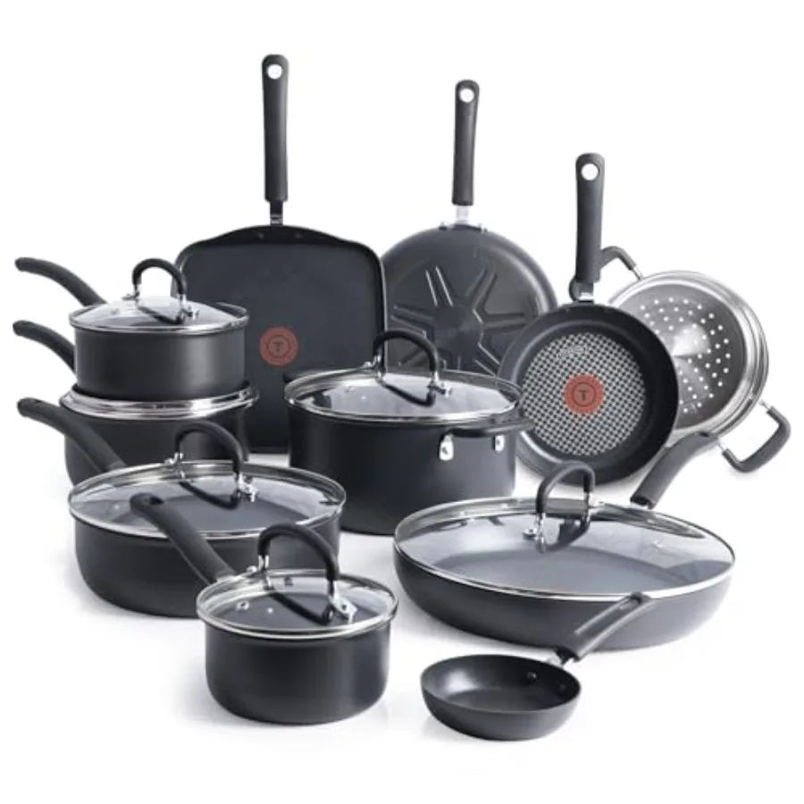 

Black Hard Anodized Nonstick Cookware Set 17 Piece with Fry Pan Saucepans Saute-Pan Griddle Dishwasher Safe