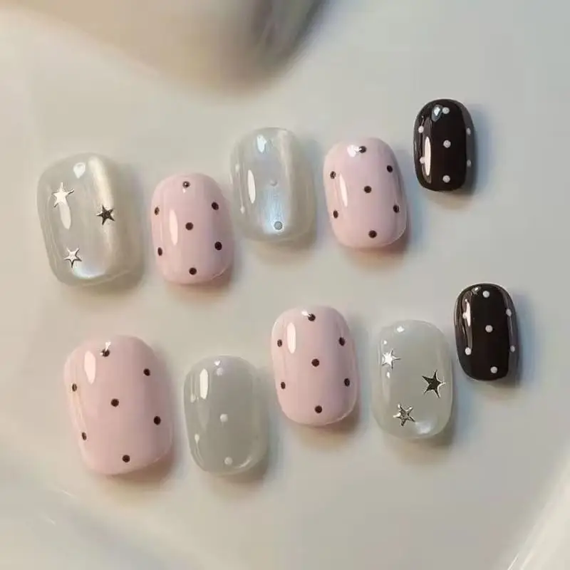 Fake Nails 10Pcs Short Oval Pink Polka Dot Star Cat Eye Print Long Lasting Press on Nails for Party Festival