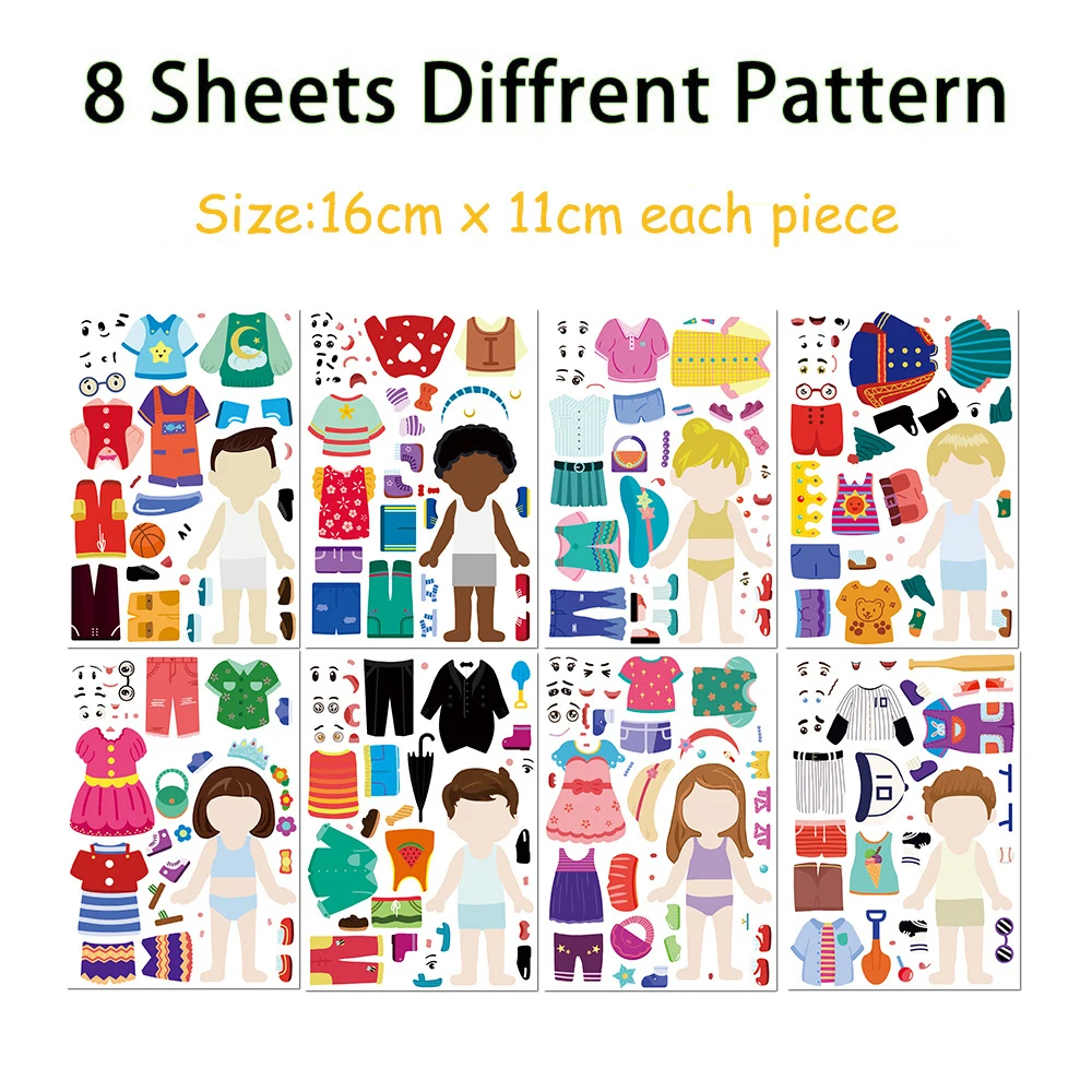 8/16sheets Cartoon Children's Cross Dressing Puzzle Stickers Creative Assemble Jigsaw DIY Decals Kids Theme Party Decoration Toy