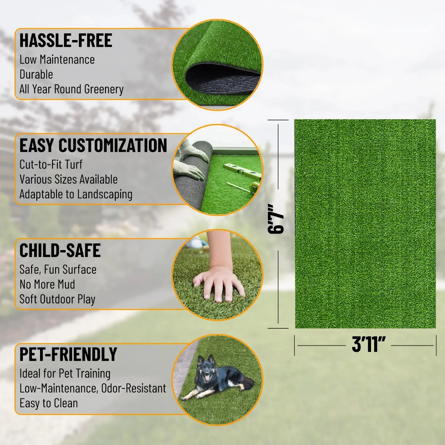 Waterproof 4x7 Indoor/Outdoor Artificial Grass Rug for Patio Pet Deck, 3'11" x 6'7", Green