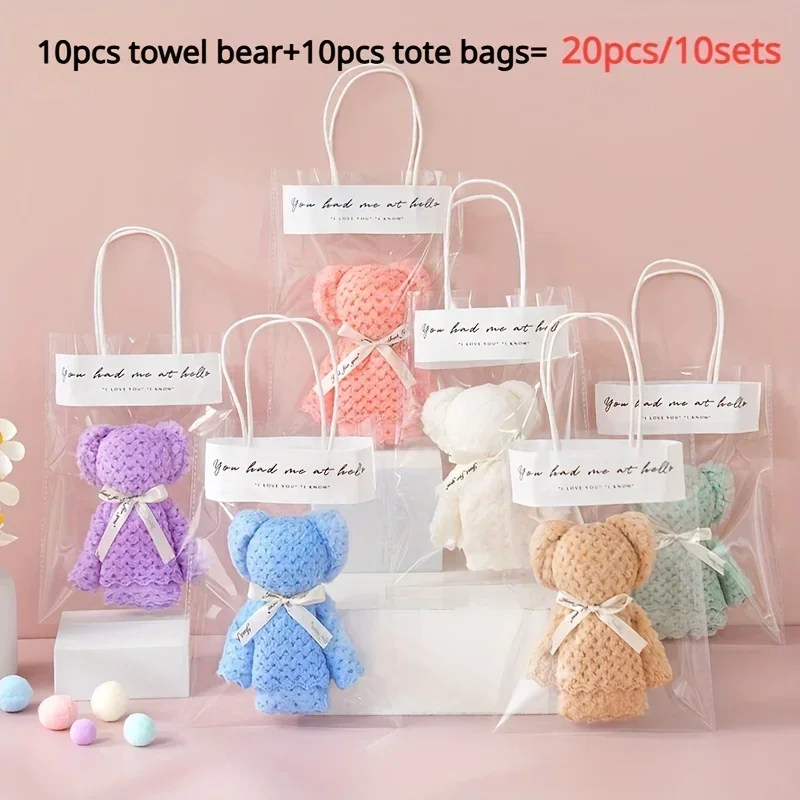 20-teiliges süßes Bären-Handtuch-Geschenkset mit transparenten Taschen – perfekt für Hochzeiten, Geburtstage, Muttertag und Weihnachtsfeiern – Detail 3