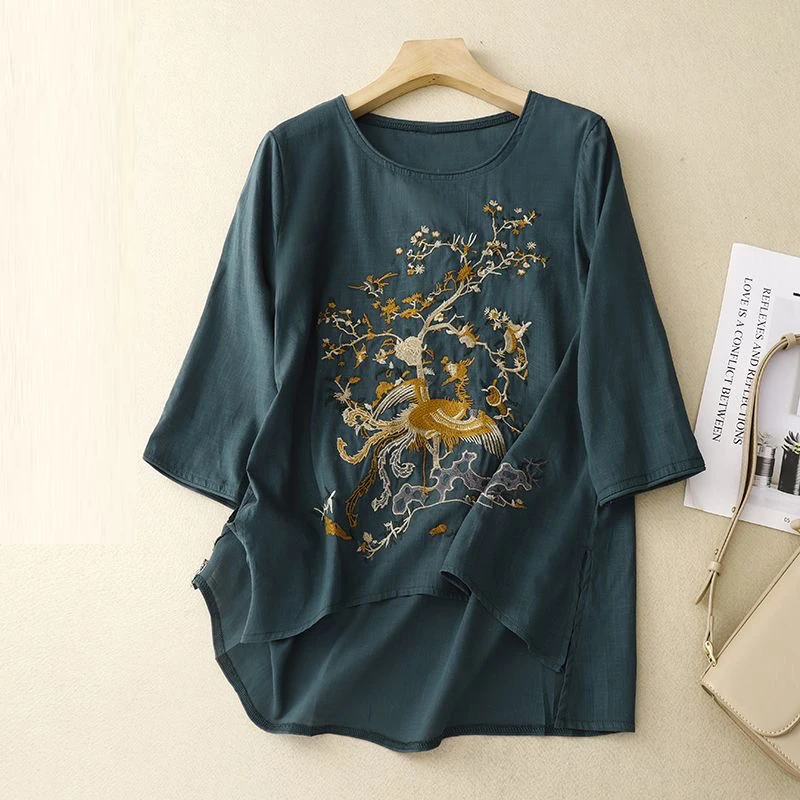 Women\'s Chinese Style Vintage Embroidery Cotton Linen Short Sleeve T-shirts 2024 Summer Ladies O Neck Loose Split Irregular Tops