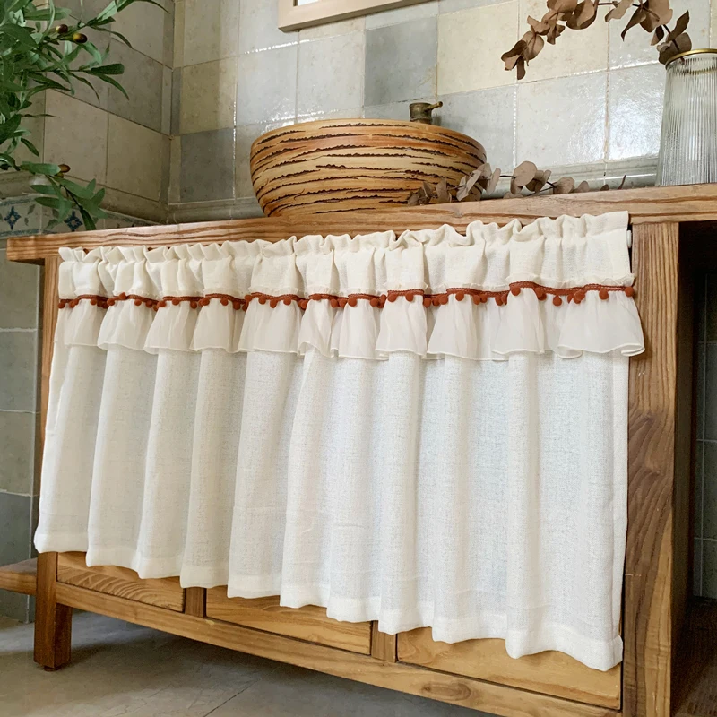 

Linen Look Pom Pom Tasseled Short Curtain Rod Pocket Light Filtering Farmhouse Voile Semi Sheer Curtains for Living Room Bedroom