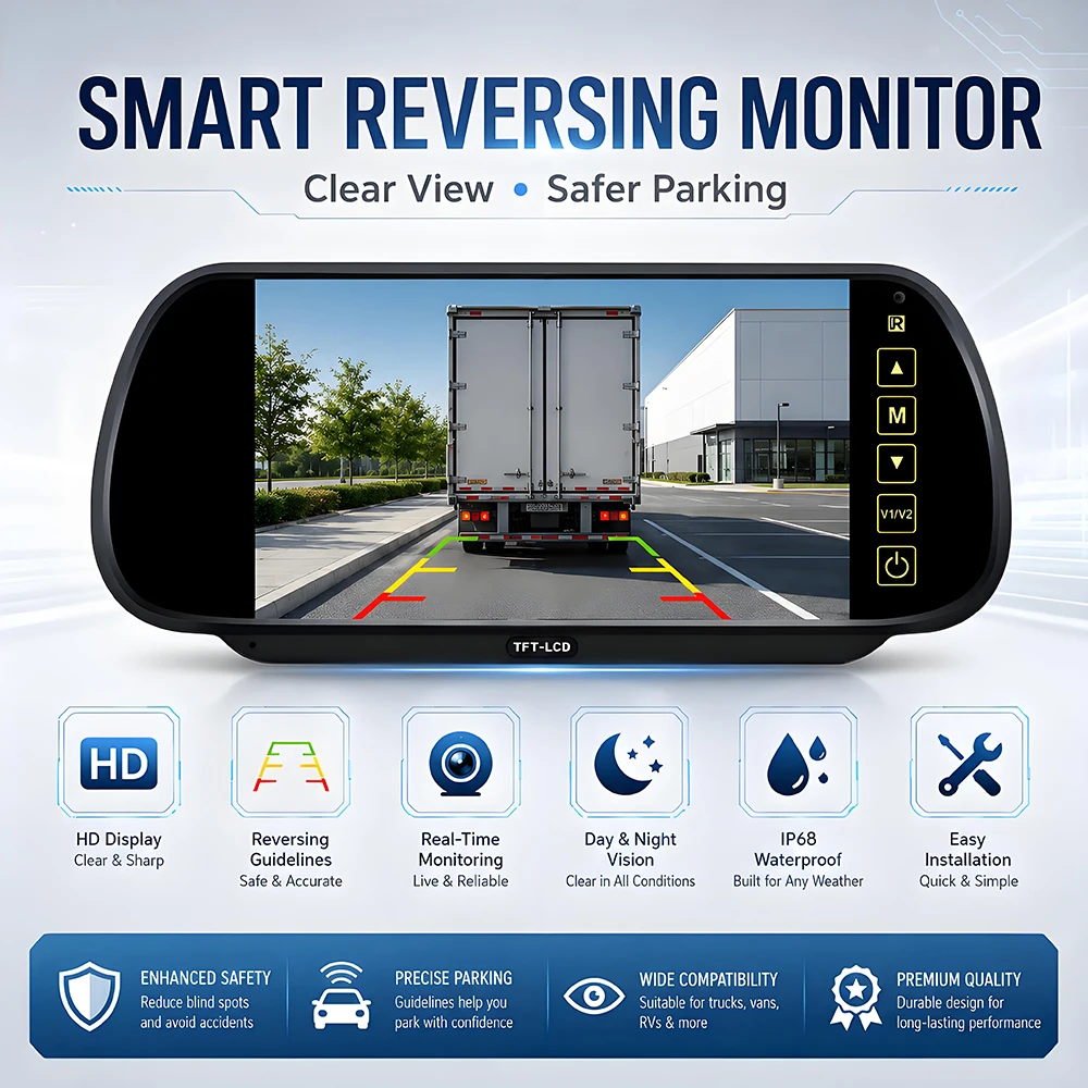 7 Inch 2 Channel AHD Car DVR Rear View Monitor Split Screen Real-time Recording Waterproof Night Vision Parking Camera for Truck