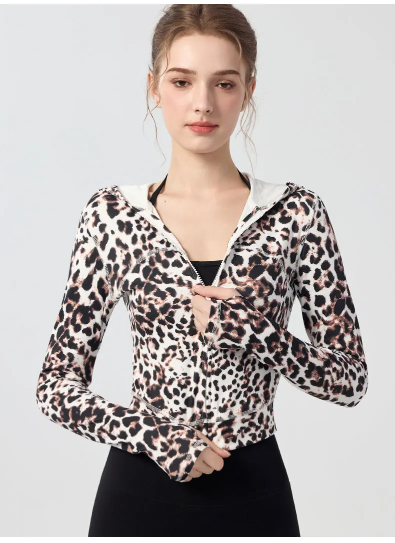 JHJN veste de sport pour femmes manches longues en plein air course Fitness hauts impression personnalisée imprimé léopard Yoga à capuche