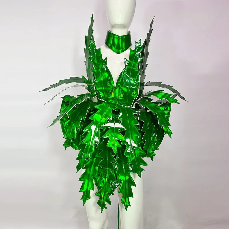 Grünes Laserblatt-Bühnenkostüm, übertriebene Performance-Kleidung, Nachtclub, Karneval, Rave-Outfit, Baum, Cosplay, Drag Queen-Kleidung