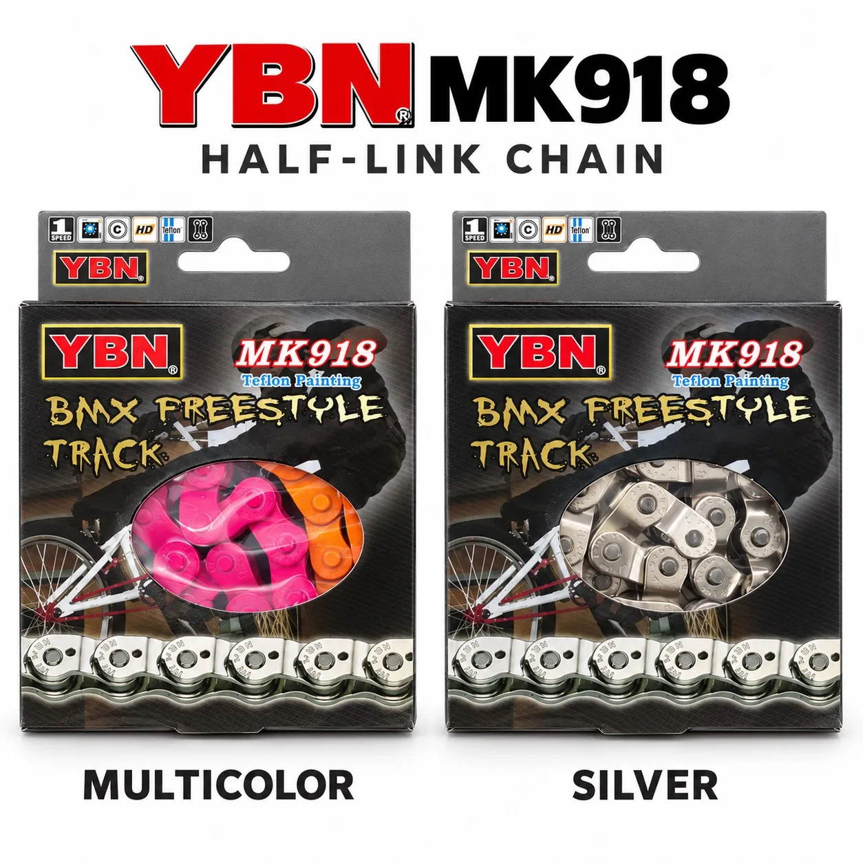 YBN BMX Single Speed Half-Link Chain Heavy Duty for Freestyle Fixie Track Bike Dirt Jump, Street 1/2