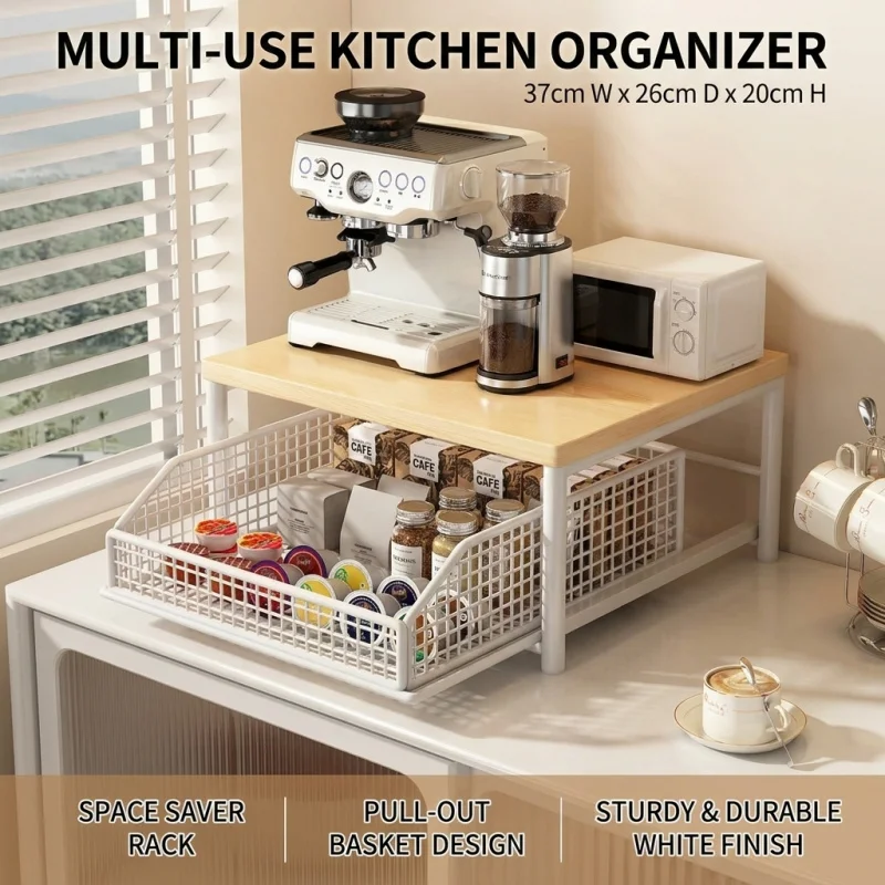 

Просторная многофункциональная полка для кухонной столешницы: для микроволновки, кофемашины, принтера, специй. Экономия места, органайзер для хранения, белый.