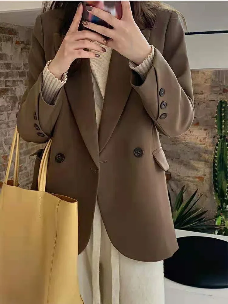 Ulzzang-Blazer basique cranté à double boutonnage pour femme, vêtement de bureau, tenue gracieuse, style Harajuku, collection automne