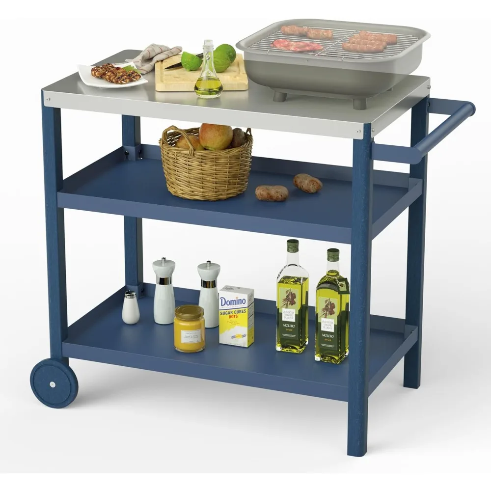 Portable Outdoor Grill Table with HDPE Legs，Grill Cart with Stainless Steel Top&3-Shelf Storage for BBQ Prep Table