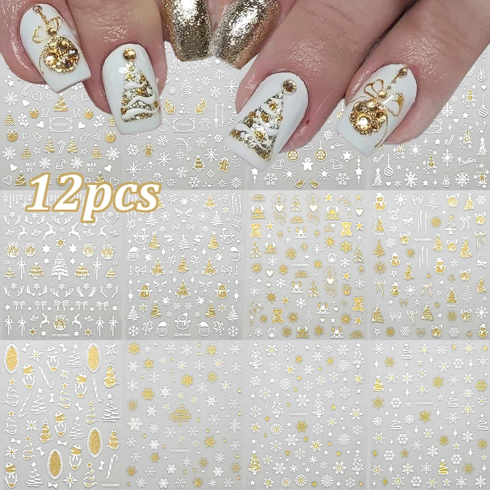 

12 шт. 3D белое золото блестящие рождественские наклейки для ногтей элегантные снежинки, рождественская елка, снеговик, лось наклейки для ногтей Рождественский слайдер для ногтей