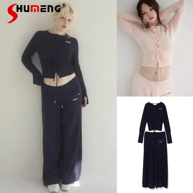 

2025 Autumn Winter Japanese Style Sweet Slim Fit Knitted Cardigan Top Long Sleeves Wide Leg Casual Pants Set Outfits For Ladies