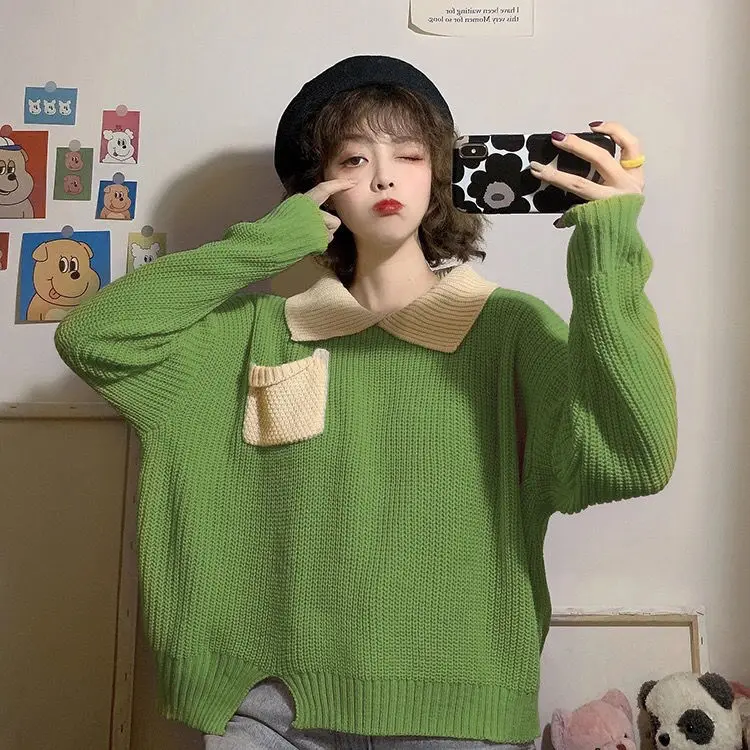 Autumn and Winter Korean Version New Fashion Top Student Contrast POLO Neck Loose Ins Lazy Cute Style Long Sleeve Sweater