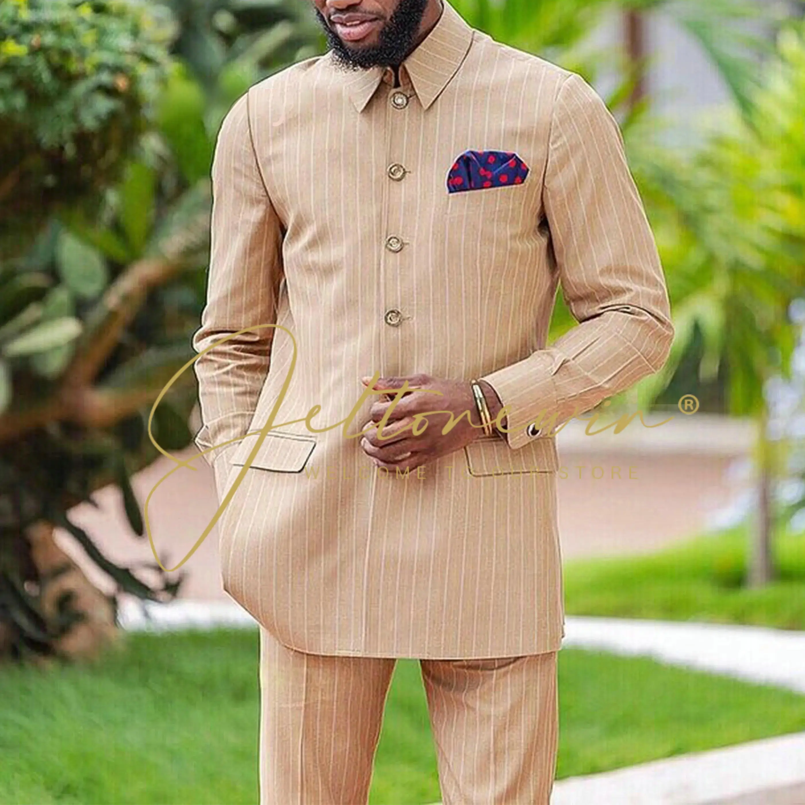 

Элегантный мужской костюм в африканскую полоску, комплект из 2 предметов, куртка с воротником-стойкой, брюки, костюмы для официальной вечеринки, выпускного вечера, облегающая мужская одежда