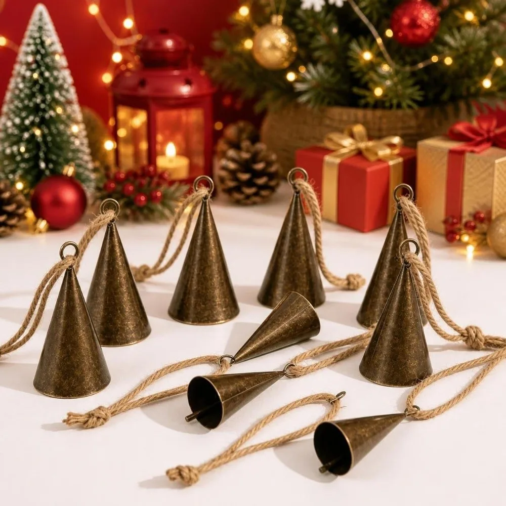 Vintage Hangable Christmas Cone Metal Bell Antique Finished Hollow Hanging Bell Conical Durable Craft Bell Festival Ornament