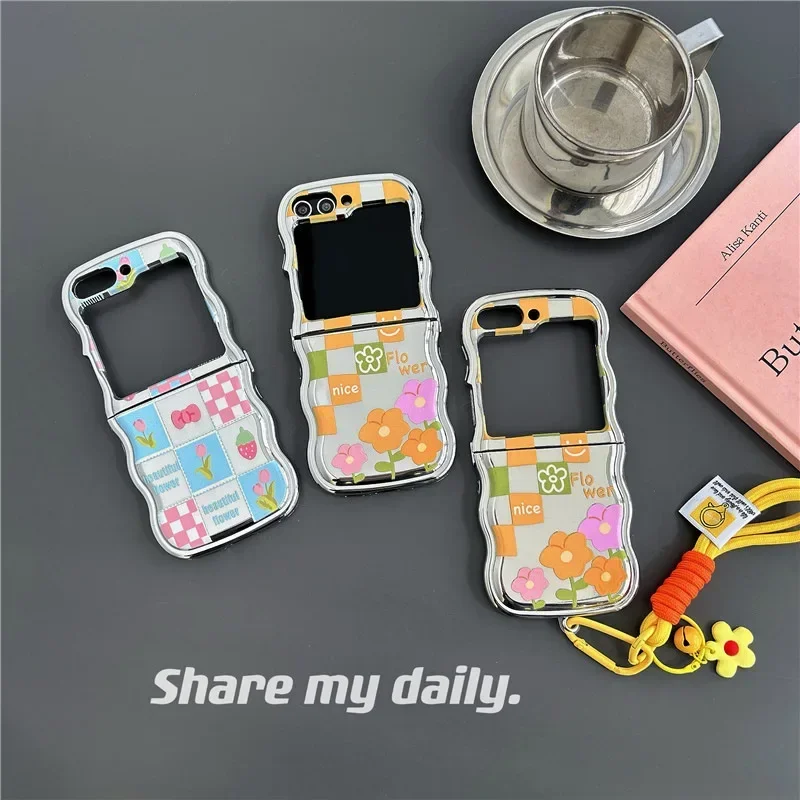 

Flower Plaid Wave Phone Case for Samsung Galaxy Z Flip 6 5 4 3 Protective Back Cover for ZFlip4 ZFlip5 ZFlip6 Case Shell