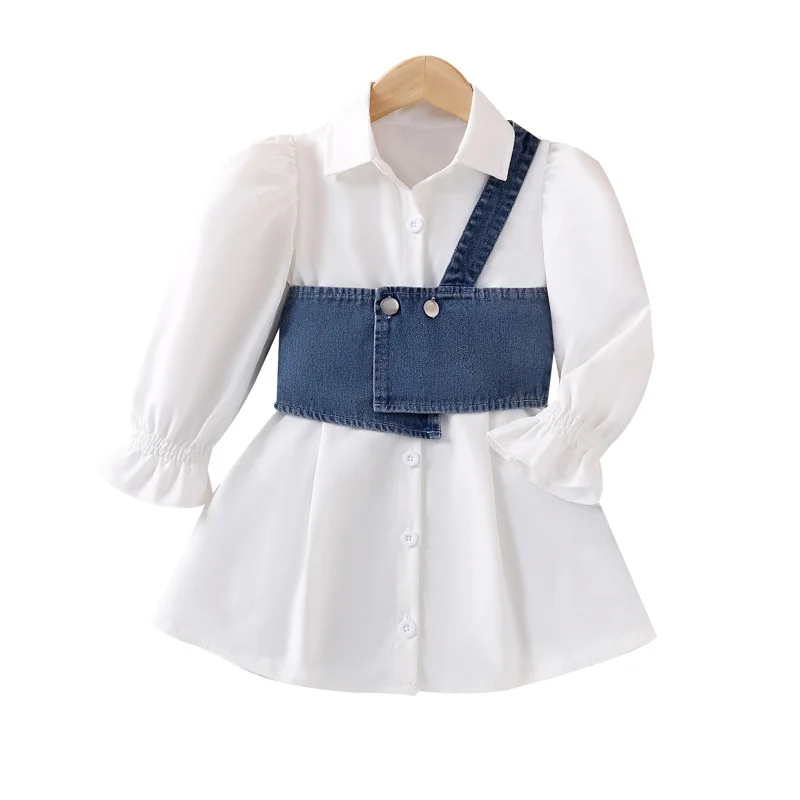 

Autumn New Sweet Turn-Down Collar Flared Sleeve Shirt Dress for Girls with Asymmetrical Shoulder Denim Vest Set