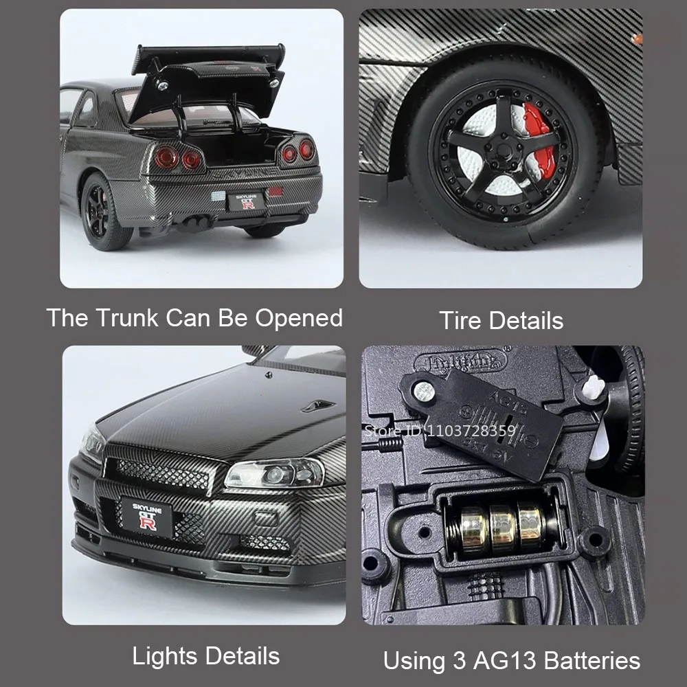 1:24 GTR R34 Modell Spielzeug Sportwagen Legierung Druckguss Sound Licht Tür geöffnet zurückziehen Simulation Supercar für Jungen Freund Geschenke