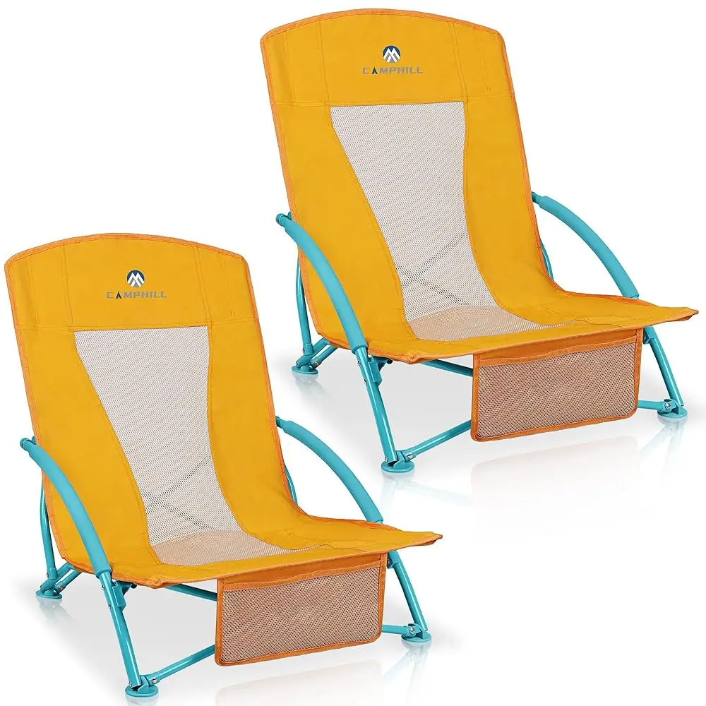 

Low Beach Chairs 2 Pack,Folding Compact Low Seat Chairs For Adults W/Mesh Back,Cup Holder & Storage Bag,Heavy Duty Chair For