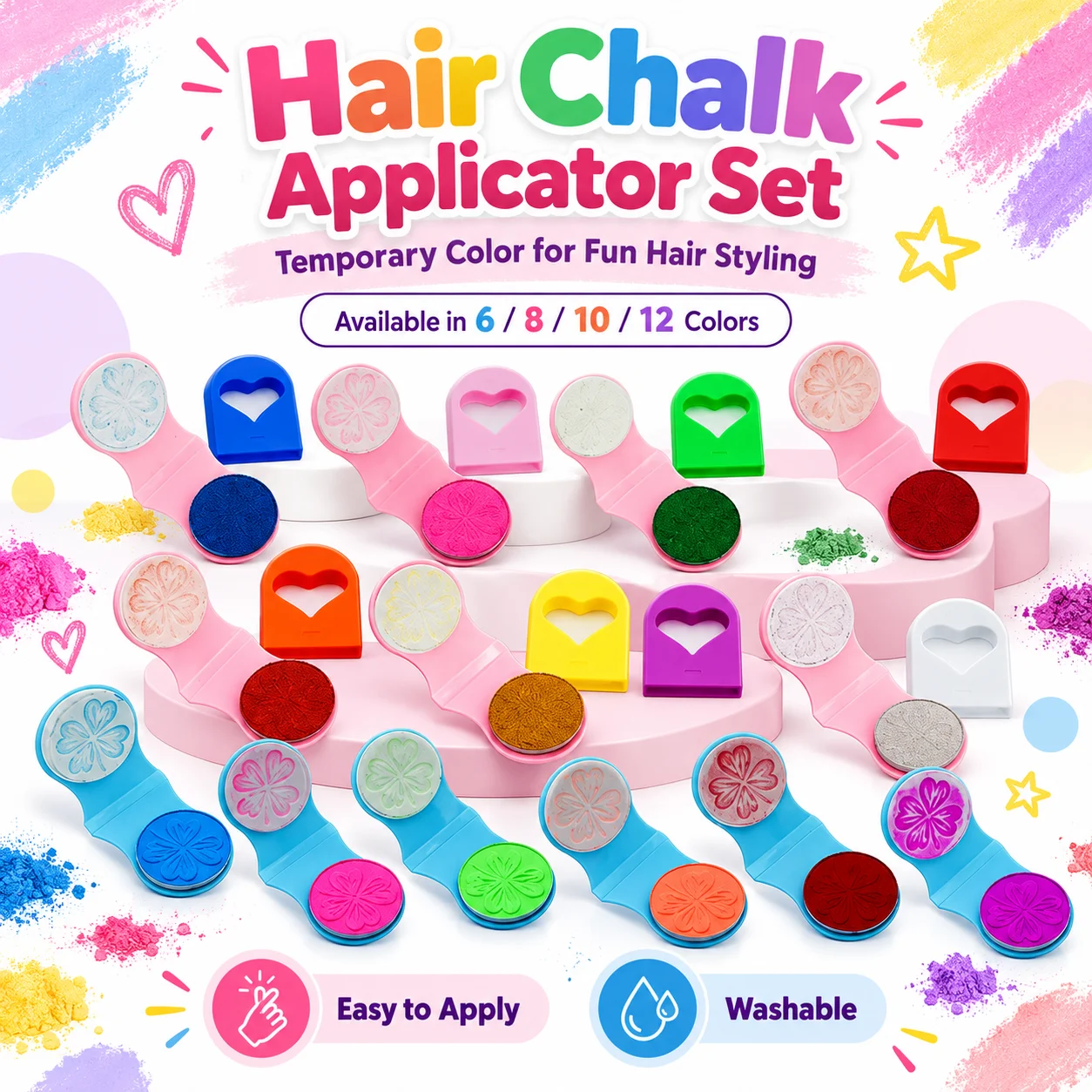 6/8/10/12 Color Hair Chalk Applicator Set, Colorful Temporary Hair Styling With Washable Highlights And Easy Apply Clamp Tools