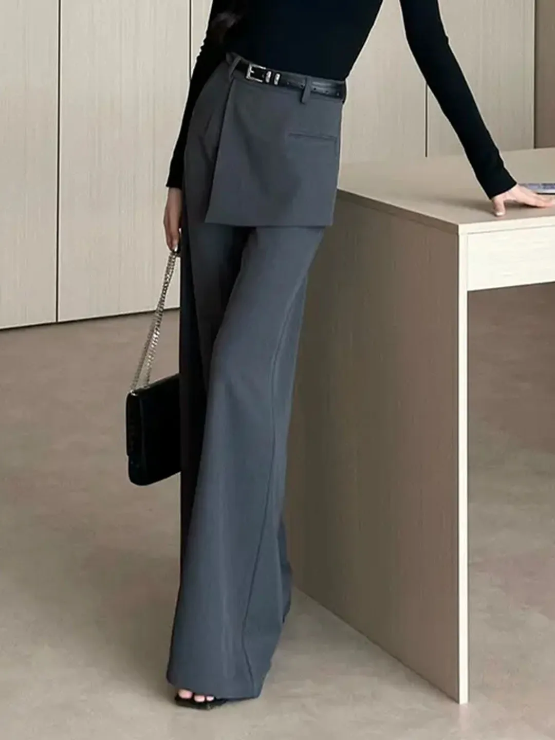 

High Waist Wide Leg Pants Casual Design Sensation Small ence Fake Two-Piece Straight Cut Skirt Pants for Women