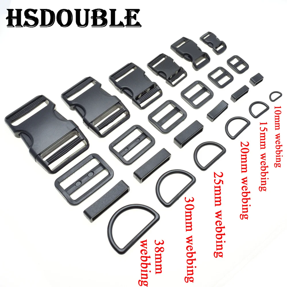 1 Set 10mm 15mm 20mm 25mm 30mm 38mm Plastic Slider Adjustable D Rings Belt Loop Curved Side Release Buckles For Paracord