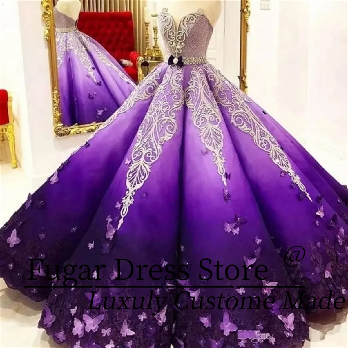 Stunning Purple Princess Quinceanera Dresses Crystal Beads Sash Butterfly Lace Appliques Engagement Dress Ball Gown Prom Gowns