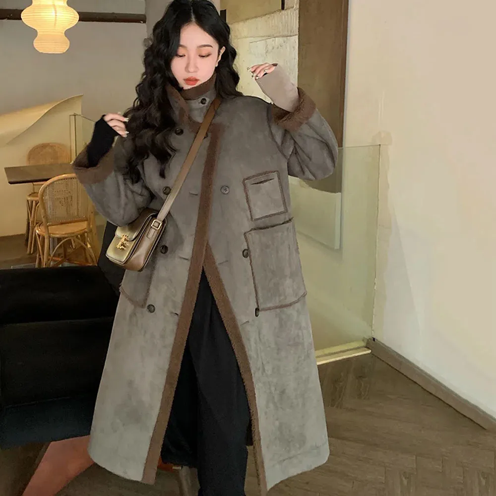 Autumn Winter Women Lapel Long Wool Jacket Women 2023 Thicken Warm Faux Fur Coat Female Suede Overcoat Vintage Patchwork Outwear