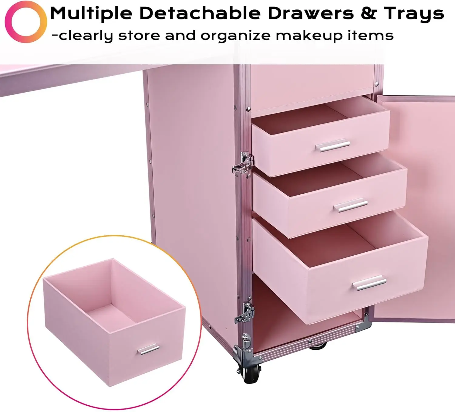 Rolling Manicure Table Foldable Nail Table Makeup Train Case with Desk Cosmetic Trolley Travel Storage Organizer with Drawers Mi