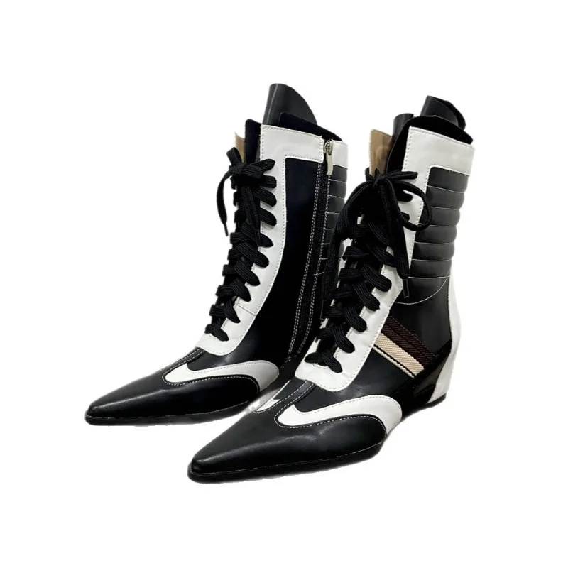 Luxury Designer Shoes for Women Retro Pointed Toe Wedge Ankle Boots Women's Lace-Up Colorblock Combat Boots Fashion Casual Shoes