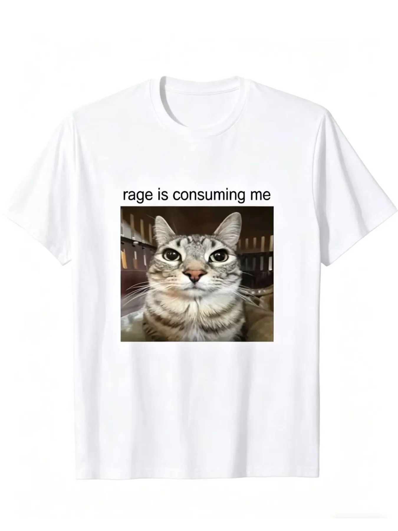 Men's short sleeved T-shirt, angry cat and silly smile expression combination T-shirt