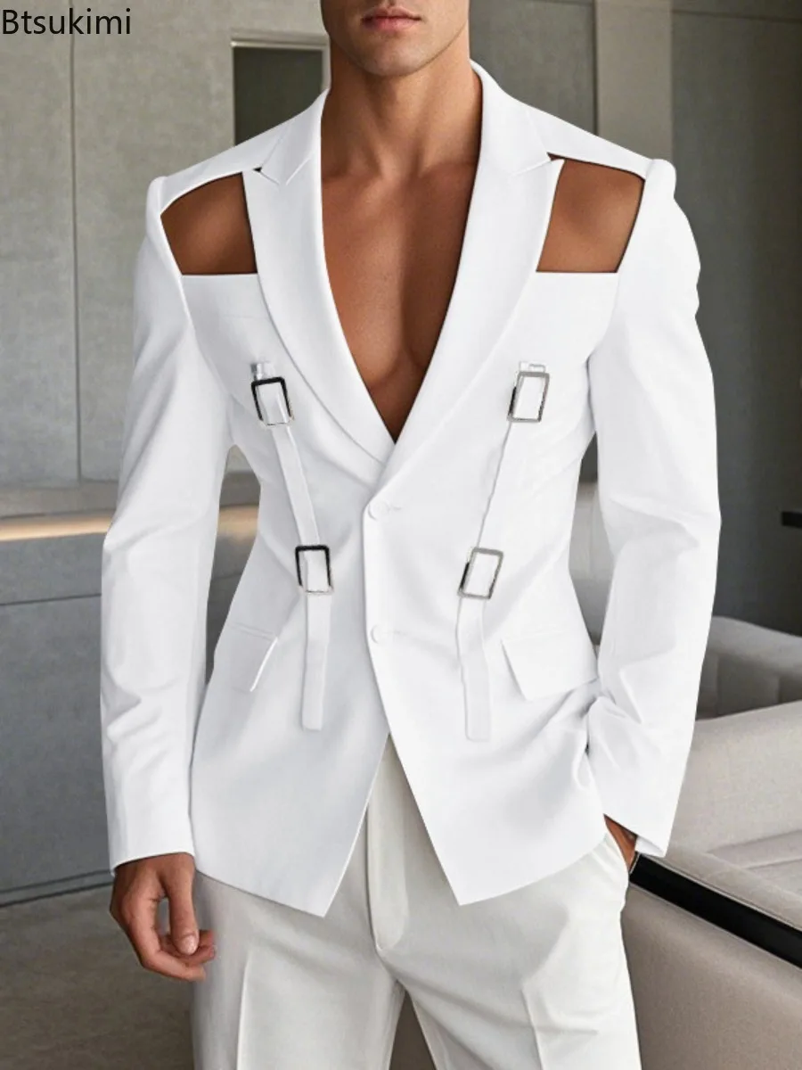 

2026 American Style Fashion Men Hollow Button Design Suit Coats Casual Streetwear Spring New Long Sleeve Blazers Stage Clothing