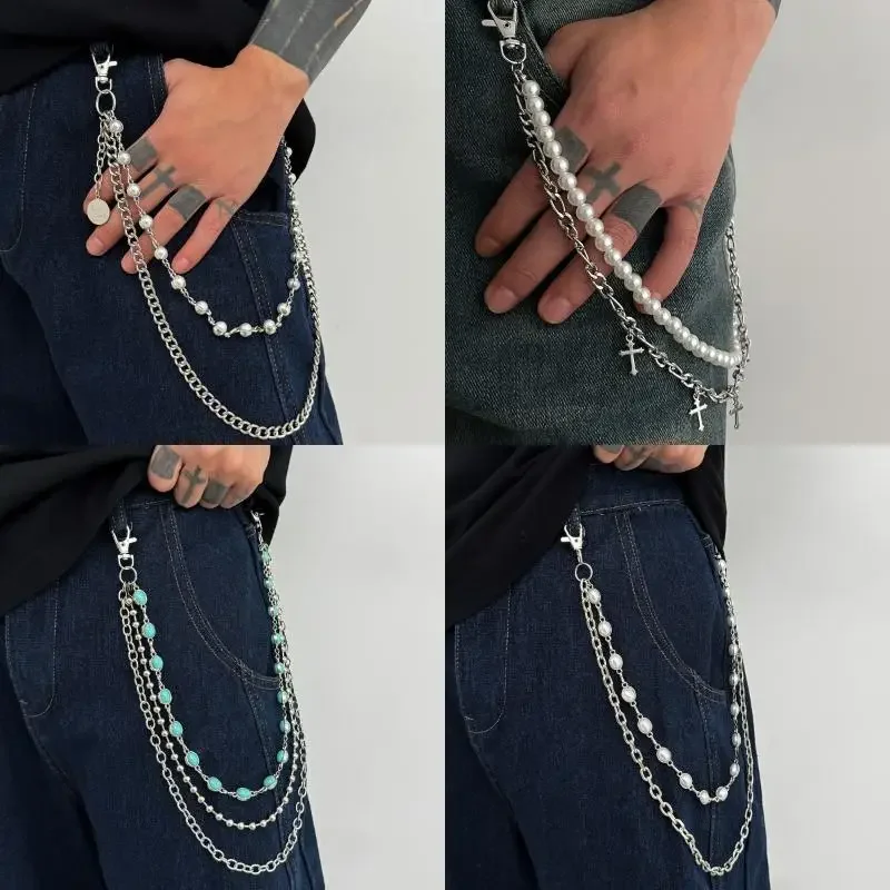 Fashion Imitation Pearl Cross Pant Chain For Men Punk Trousers Chain Hip Hop Multilayer Jeans Chain Waist Ornament Accessories