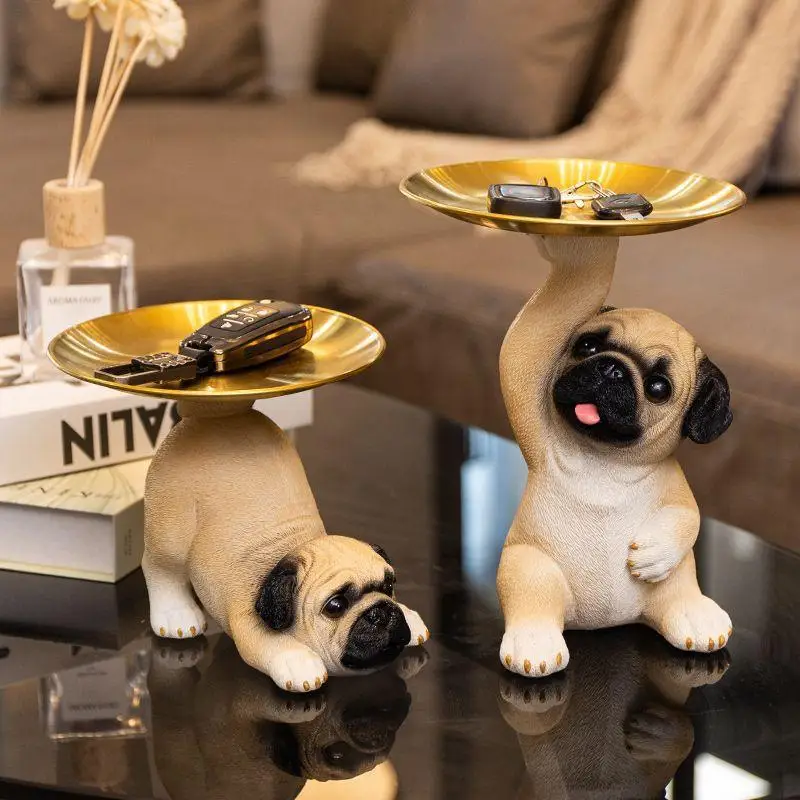 1PC Kreative Mops Statue Ablage Nette Hund Schlüssel Süßigkeiten Snack Lagerung Platte Spaß Tier Skulptur Ornamente Büro Tisch Dekor
