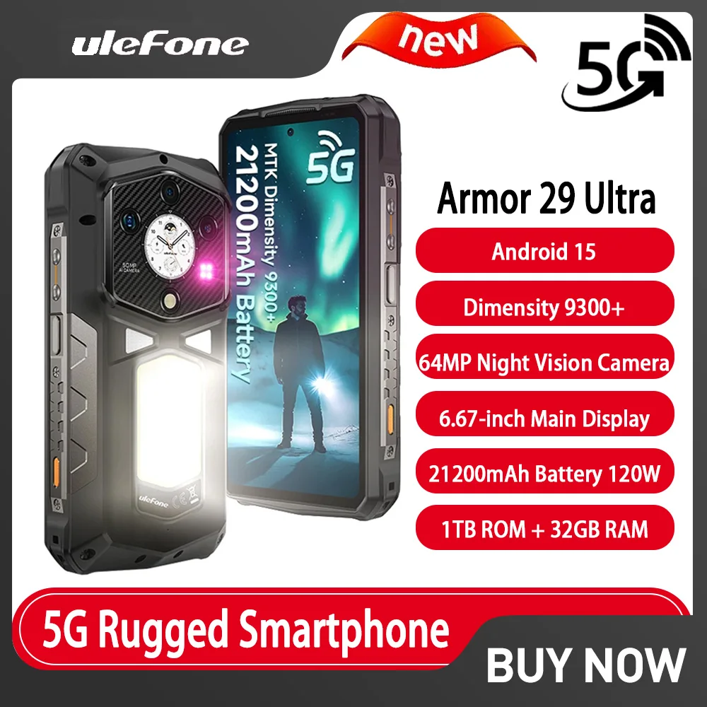 Ulefone Armor 29 Ultra 5G AI Rugged Phone 6.67”+1.04“ Dimensity 9300+ Dual Screen 32GB+1TB 64MP Night Vision Phone Android15 NFC