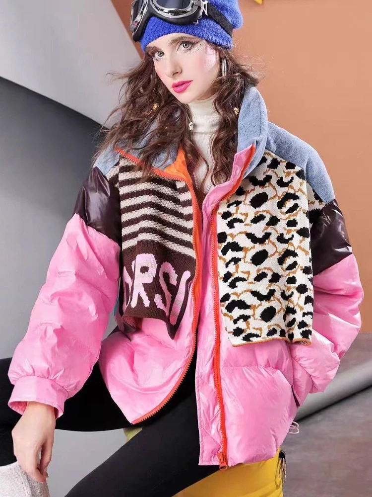 2025 New Down Jaket Denim Knitted Color-Blocked Parkas Winter Fashion Street Loose Thickened Wear 90% White Duck Puffer Coat