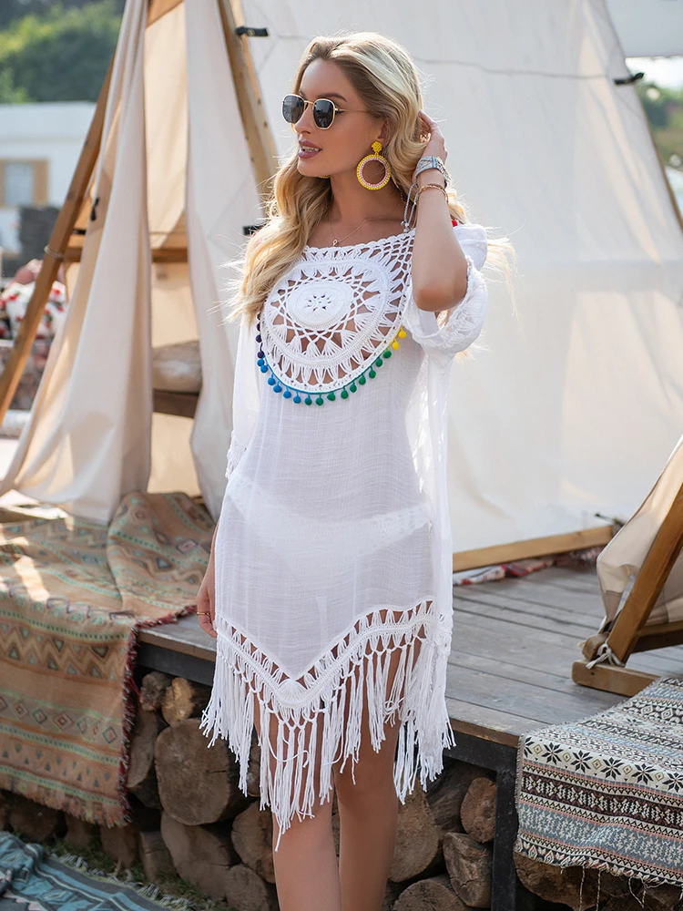 โครเชต์ชุดบิกินี่ COVER UP Fringe Trim ผู้หญิงเซ็กซี่ Hollow Fringe Tunic ชุดชายหาดชุดว่ายน้ําฤดูร้อน Beachwear หญิงหญิง