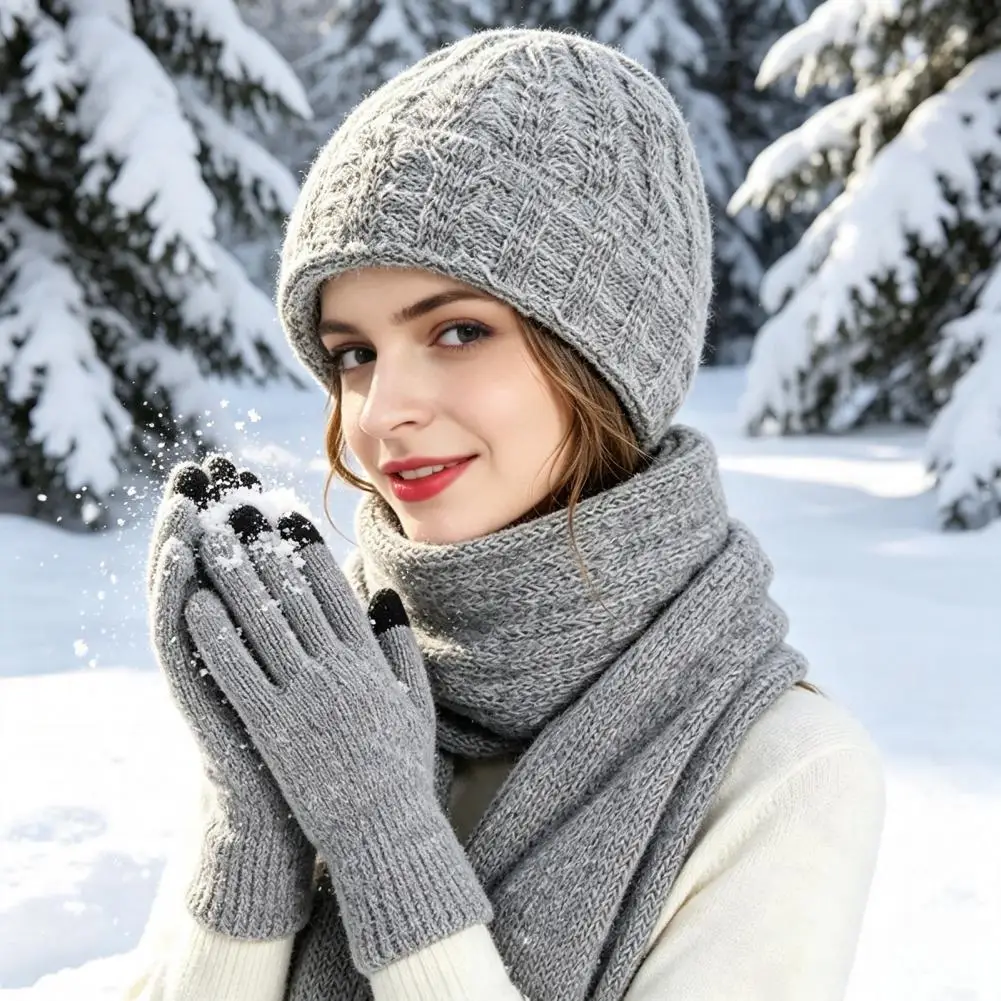 Windproof Thermal Cap for Outdoor Activities Winter Hat Scarf Gloves Set for Women Warm Knitted Touchscreen Mittens for Weather