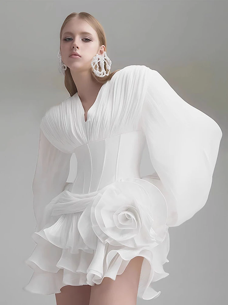 Alta qualidade flor folha de lótus borda vestidos primavera feminino mangas compridas decote em v vestido com zíper outono cintura alta em camadas mini vestido