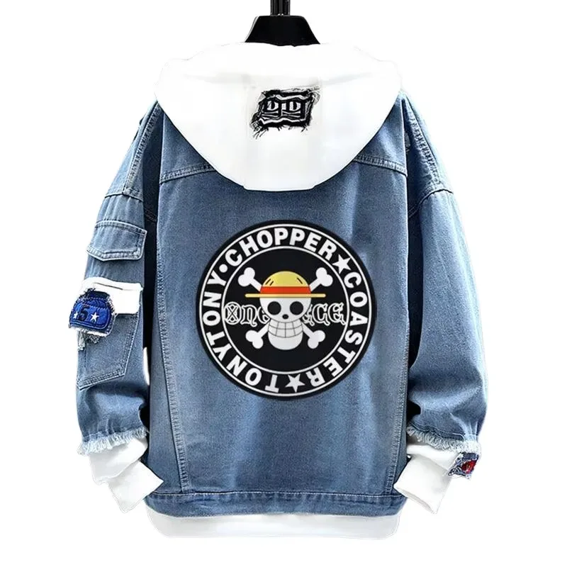2026 Anime One Piece Luffy Headphone Portrait Denim Jacket Hooded Spliced Sweatshirt Collar Washed Blue Street Casual Jean Tops