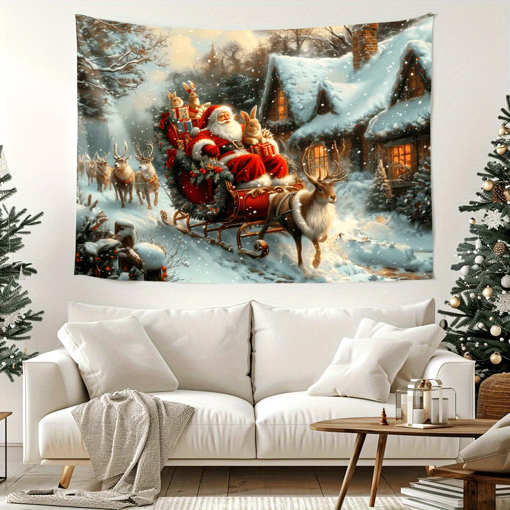 VIKAMA Christmas Sleigh Tapestry Reindeer Standing in Snowflakes Living Room Holiday Decor Theme Warm Room Decor