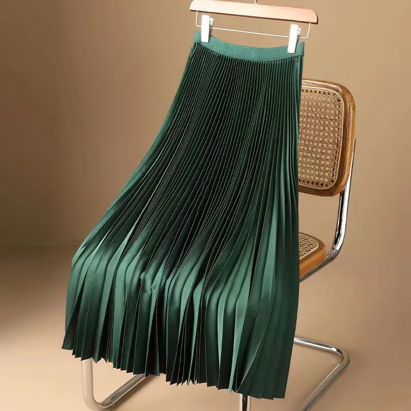 

Satin Solid Color Pleated Midi Skirt for Women 2025 Summer Lightweight Over Knee High Waist A Line Skirt Casual Elegant Style