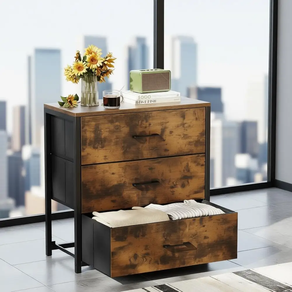 

Nightstand, End Table, Bedside Table, Small Tall Dresser for Bedroom with 3 Storage Drawer, Chest of Drawers Fabric Dressers wit