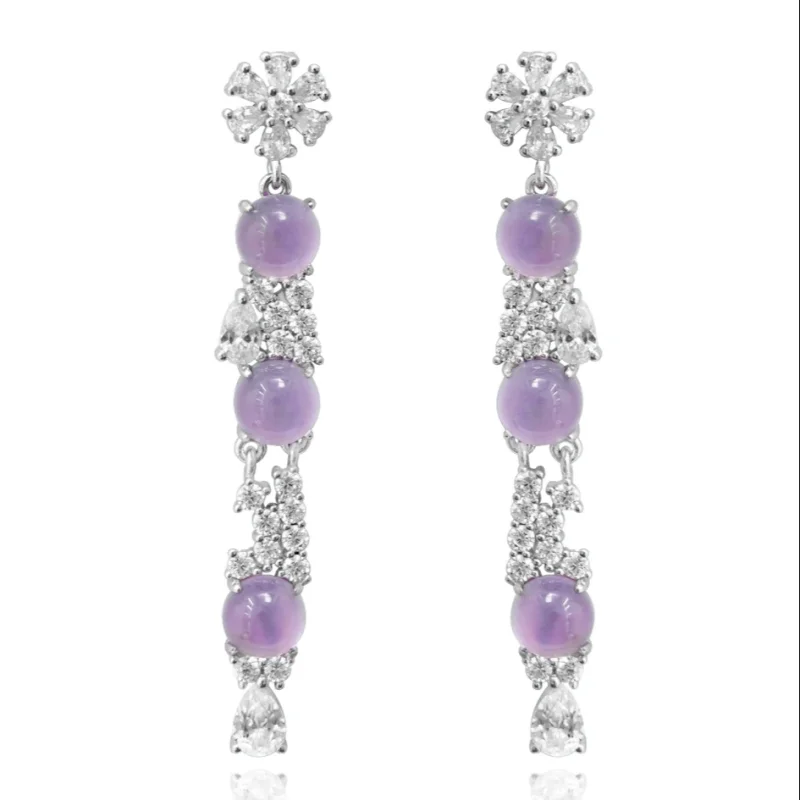 

Bellux Triple Pink Bead Purple Natural Violet Long Fashion 925 Silver Zircon Earrings for Women