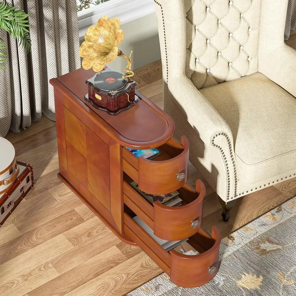 Conjunto de mesa final de madeira estreita de 2 com 3 gavetas Mesas laterais totalmente montadas Decoração de quarto de sala de estar