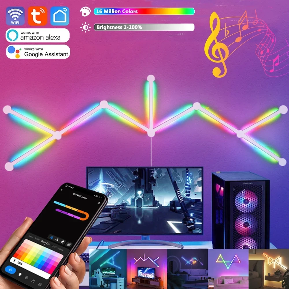 Smart WiFi LED Wall Light, RGB Lights Bars, Music Sync, DIY Splicing, Constellation Night Lamp, Suporte Alexa e Google Assistant, 9pcs