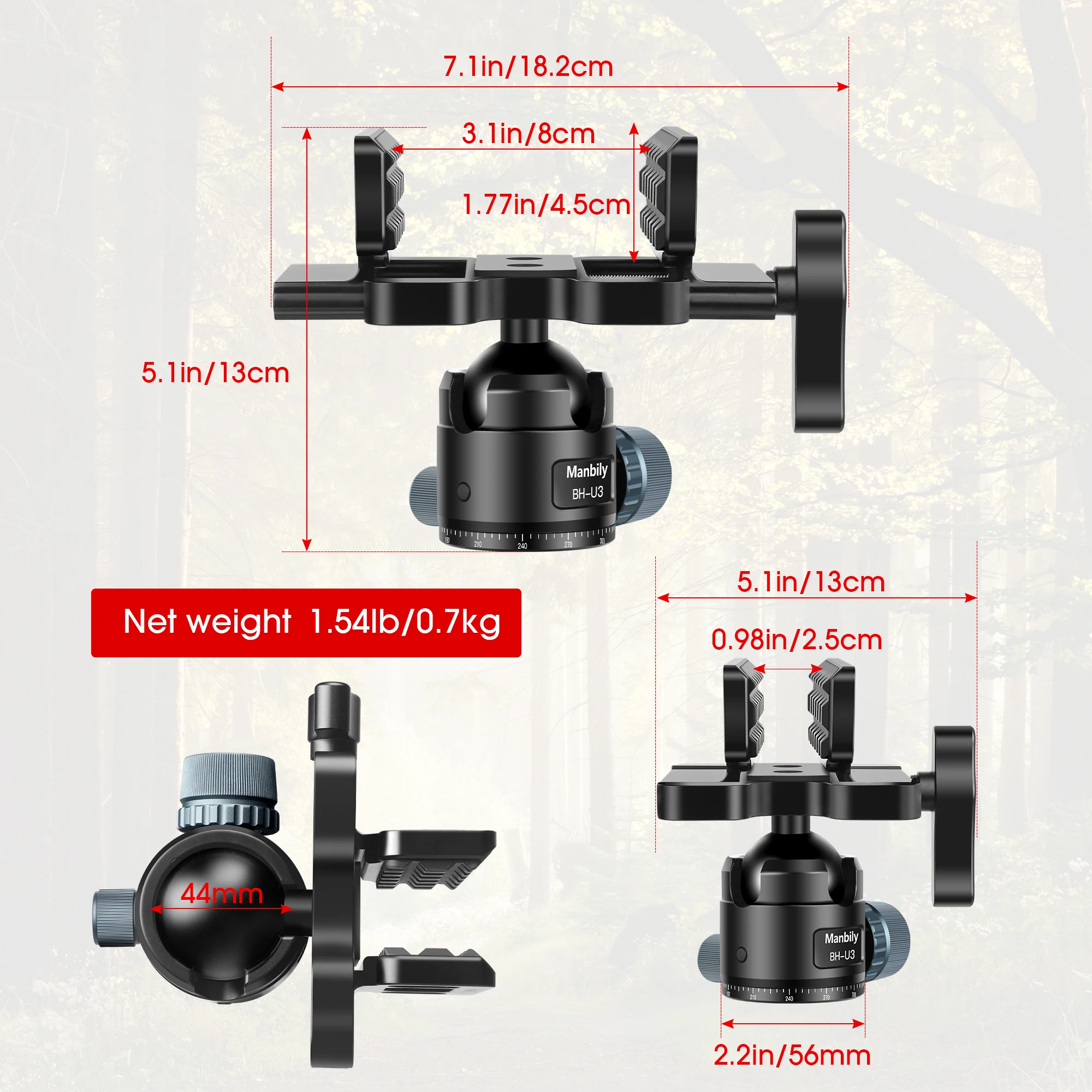 Most Popular Manbily Carbon Fiber Hunting Tripods with 44mm Ball Head 63.5