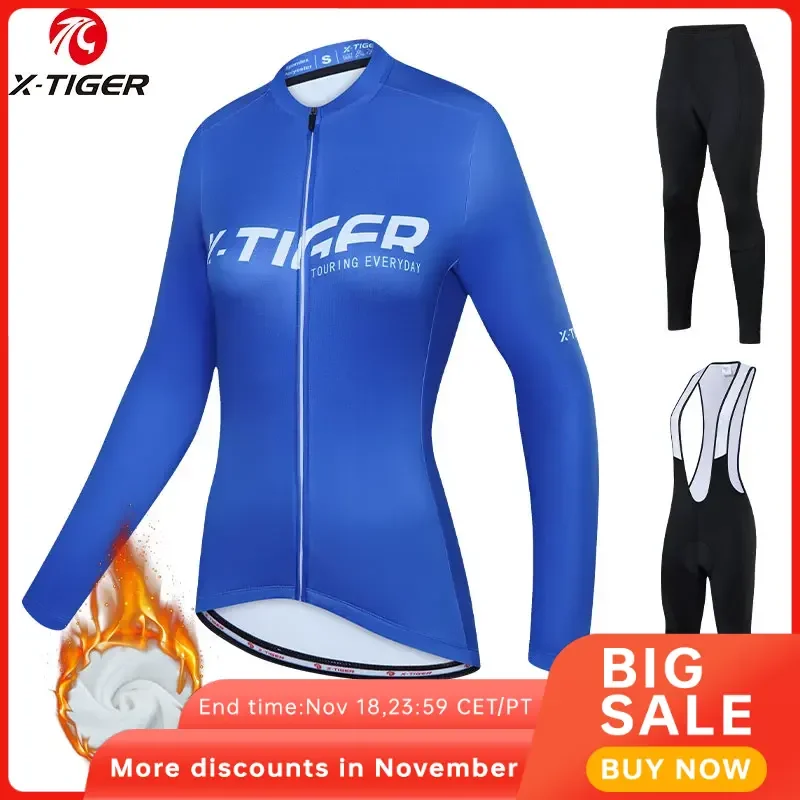 X-TIGER Women Cycling Jersey Set Winter Thermal Cycling Set Long Sleeve Bicycle Clothing Bike Sportswear Racing MTB Cycling Suit