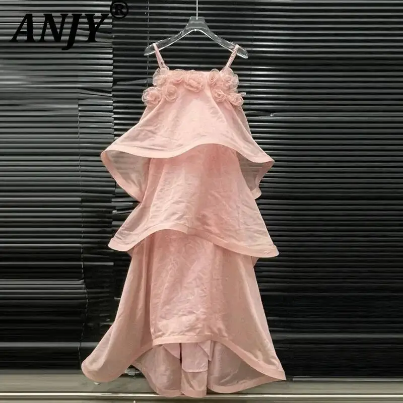 ANJY Summer New Women Elegant Fashion Layered Ruffles Design Strap Long Dress French Niche 3D Flower Beach Vacation Style A23563